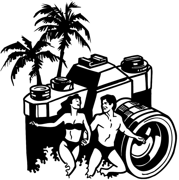 Palm tree, camera and swimming couple vinyl sticker. Customize on line. Photos and Films 073-0083